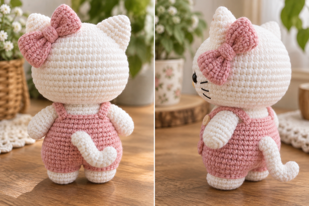 Back view of a crochet kitty showing the tail and pink outfit