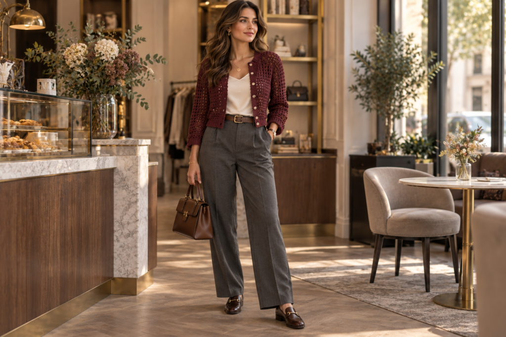 Burgundy crochet cardigan styled with cream blouse tailored trousers and loafers