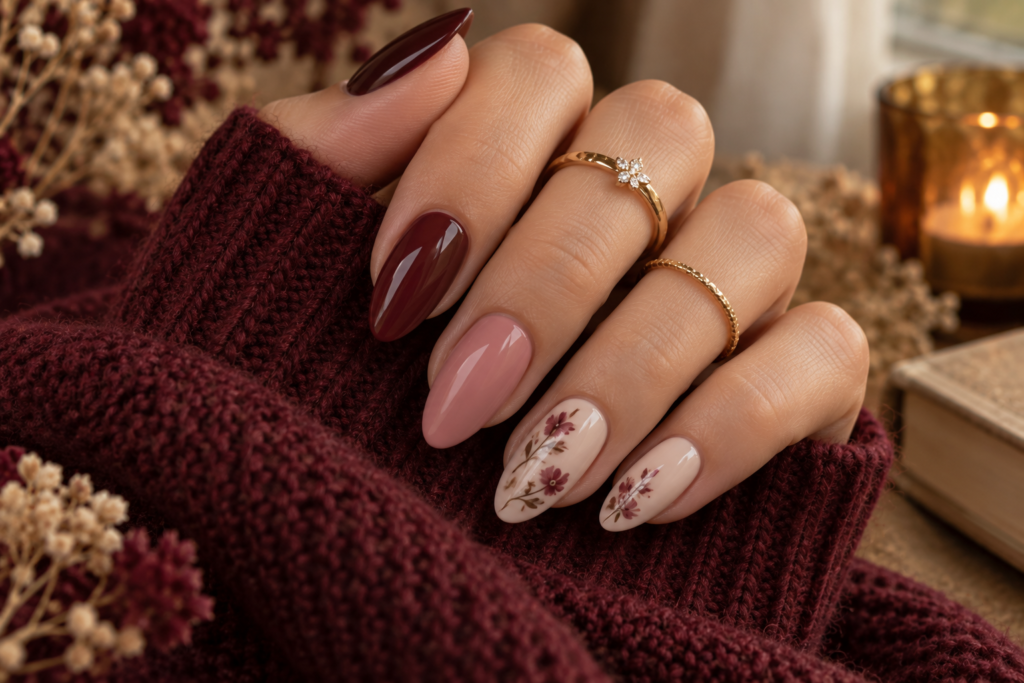 Burgundy and blush pink September nail design with delicate floral accents