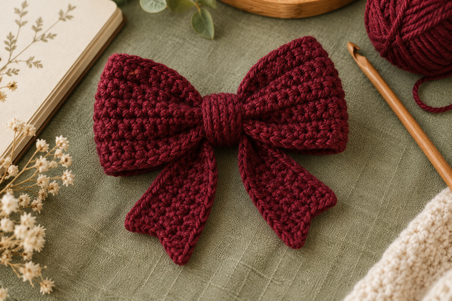 Easy crochet bow pattern made with burgundy yarn