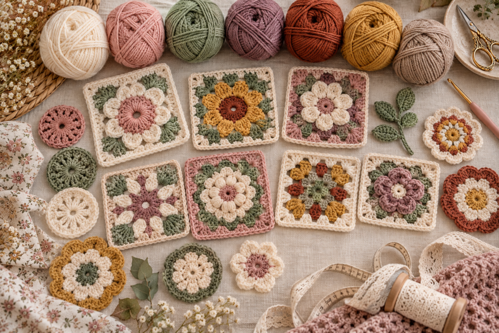 Crochet motifs and coordinating yarn colors in soft neutral and pastel shades