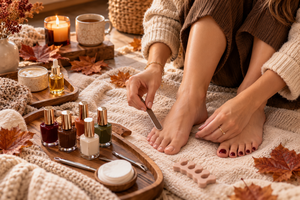 At-home fall pedicure with autumn nail polish and manicure tools
