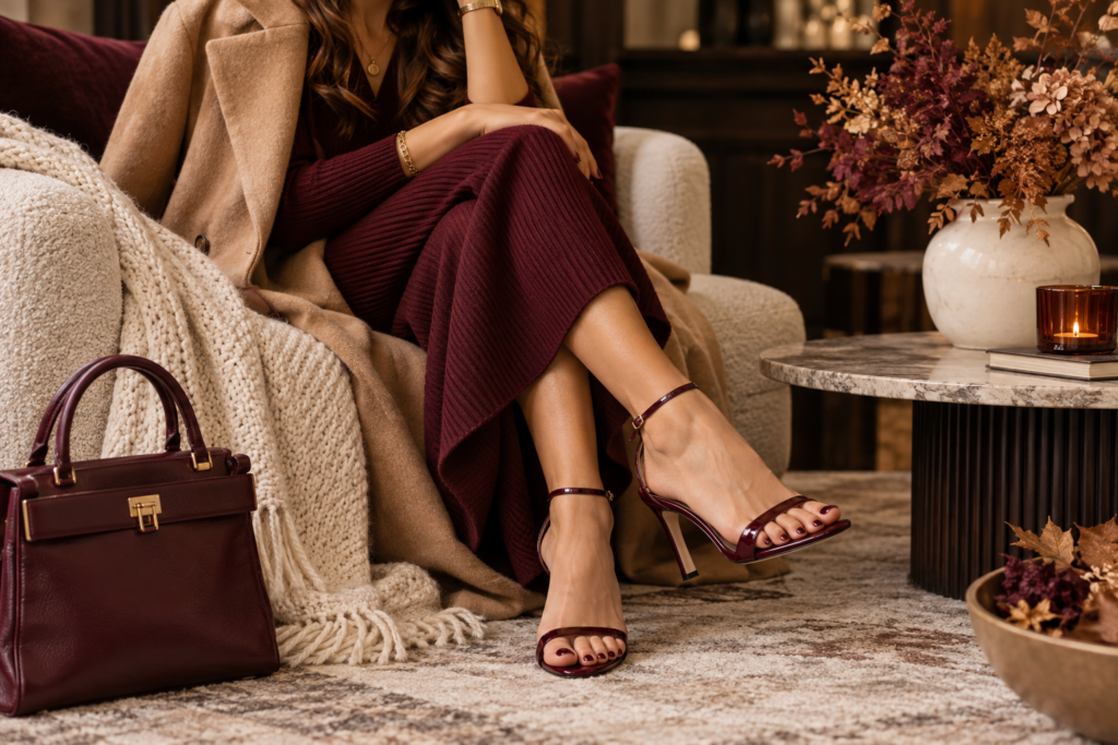 Burgundy fall pedicure styled with a chic autumn outfit