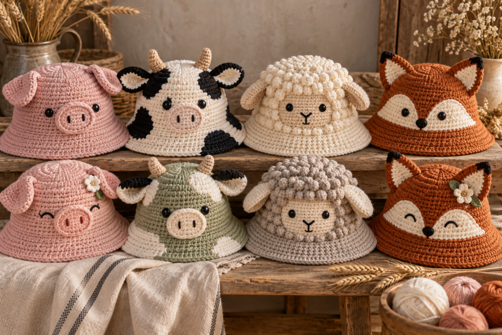 Crochet animal bucket hats shown in different sizes for babies toddlers and children