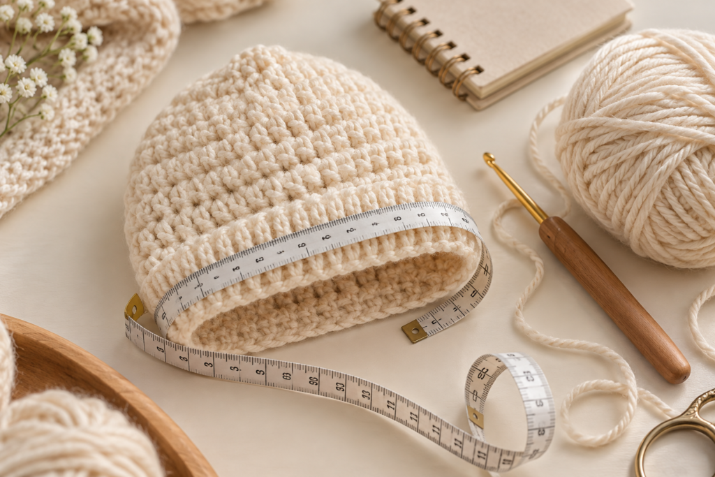 Crochet newborn hat with measuring tape for choosing the correct size