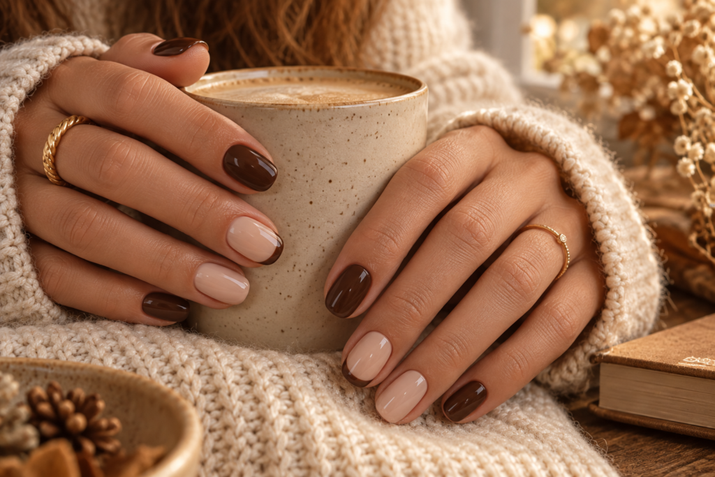 Cream and chocolate short nail design