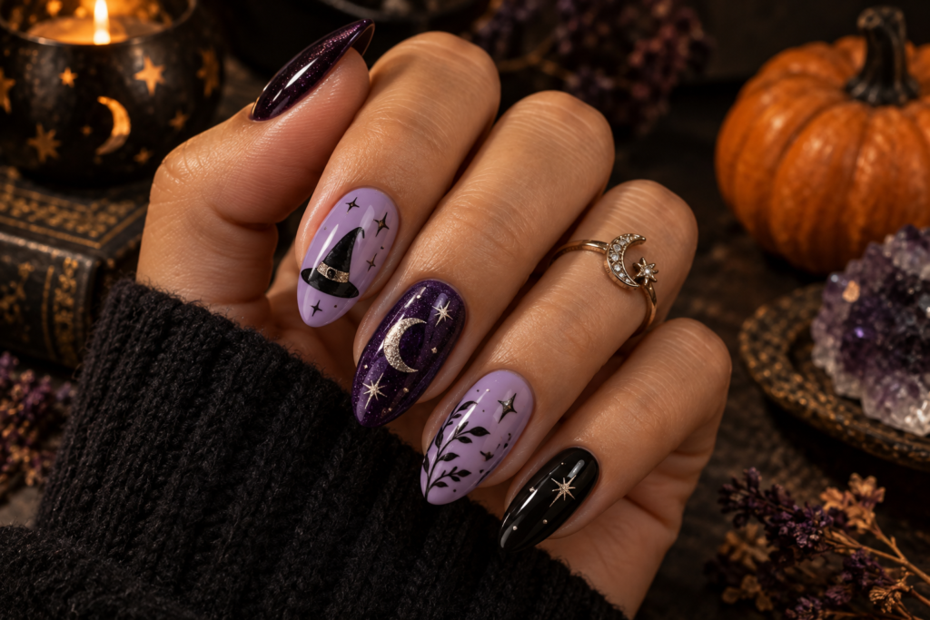 Purple black and silver witchy Halloween nail design