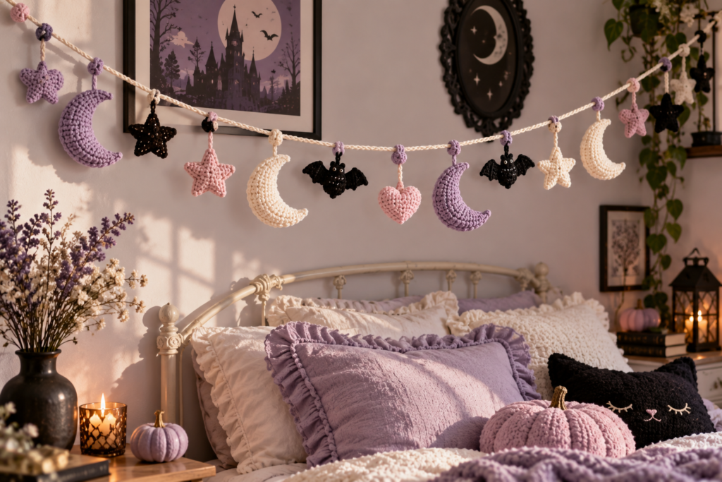 Crochet crescent moon and star garland in pastel goth Halloween colors