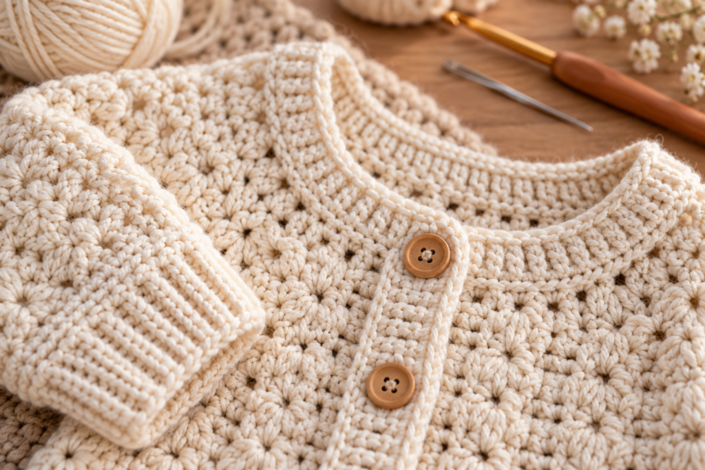 Detailed crochet stitches, cuff and button on a baby cardigan