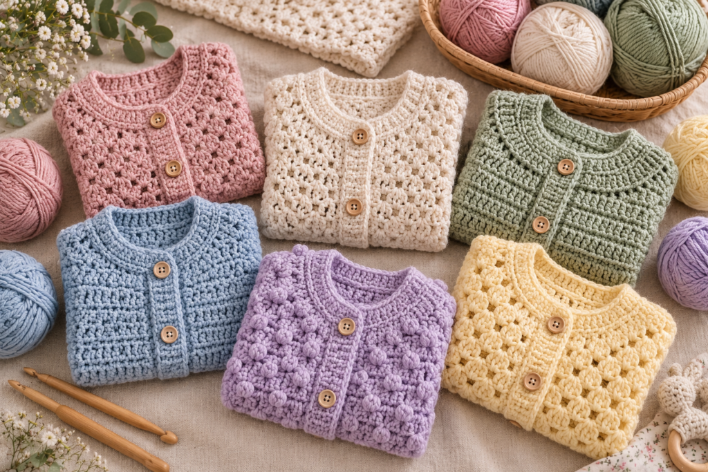 Pastel yarn colors and crochet textures for baby cardigans