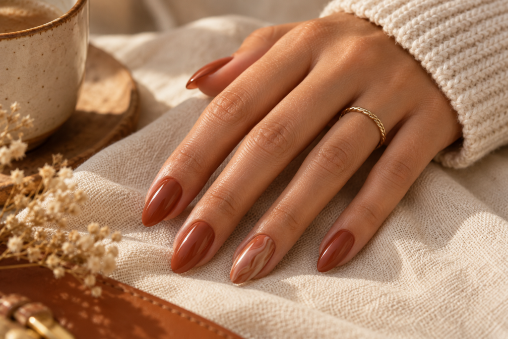 Soft terracotta nail color for a late summer to early fall manicure