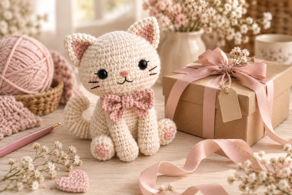 Handmade crochet cat amigurumi styled as a cute gift idea