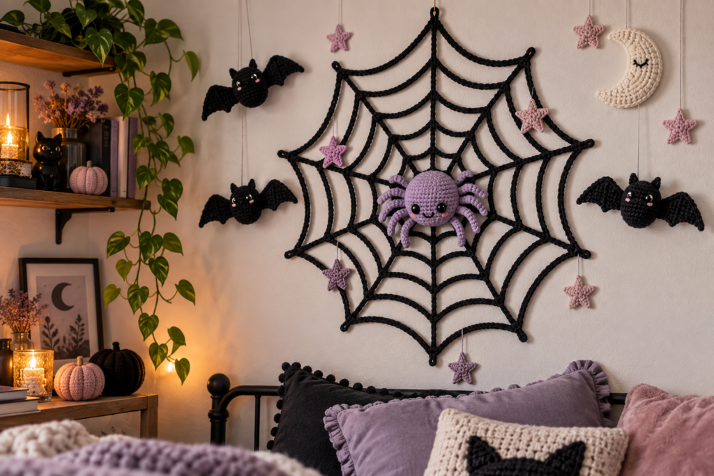 Black crochet spider web with pastel crochet bats and spider Halloween decor