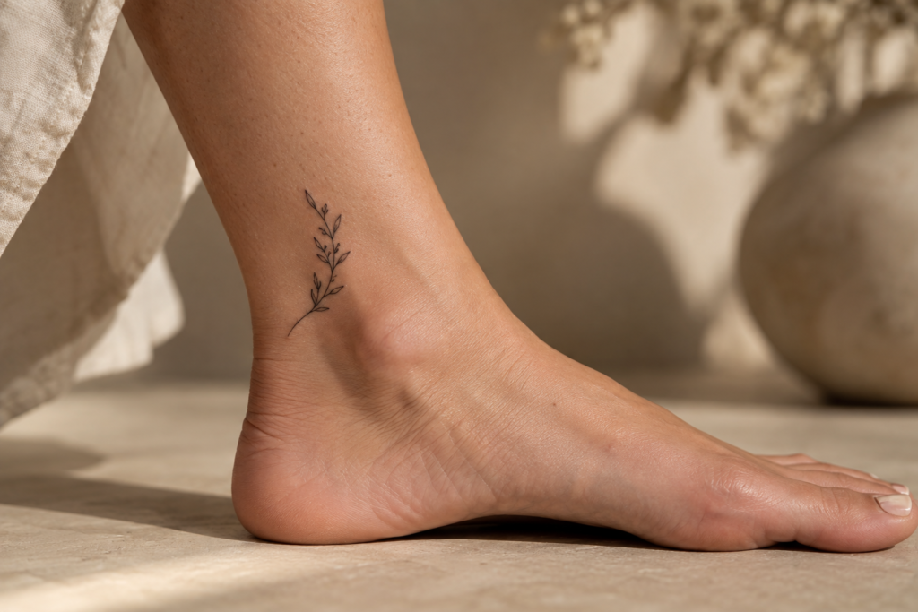 Fine-line minimalist ankle tattoo with delicate botanical details