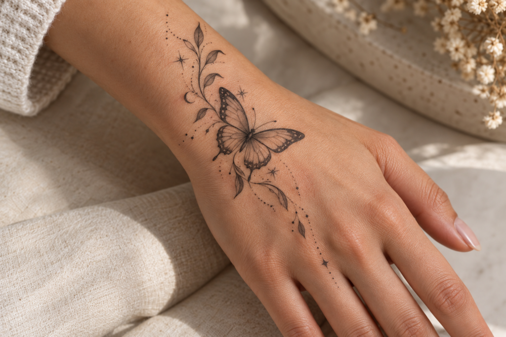 Butterfly tattoo flowing from the wrist onto the back of the hand