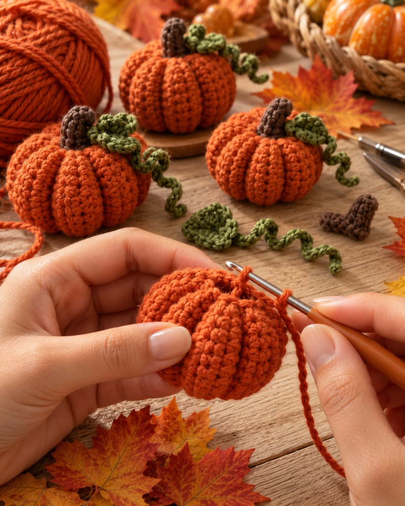 Close-up tutorial showing how to crochet a small pumpkin appliqué.