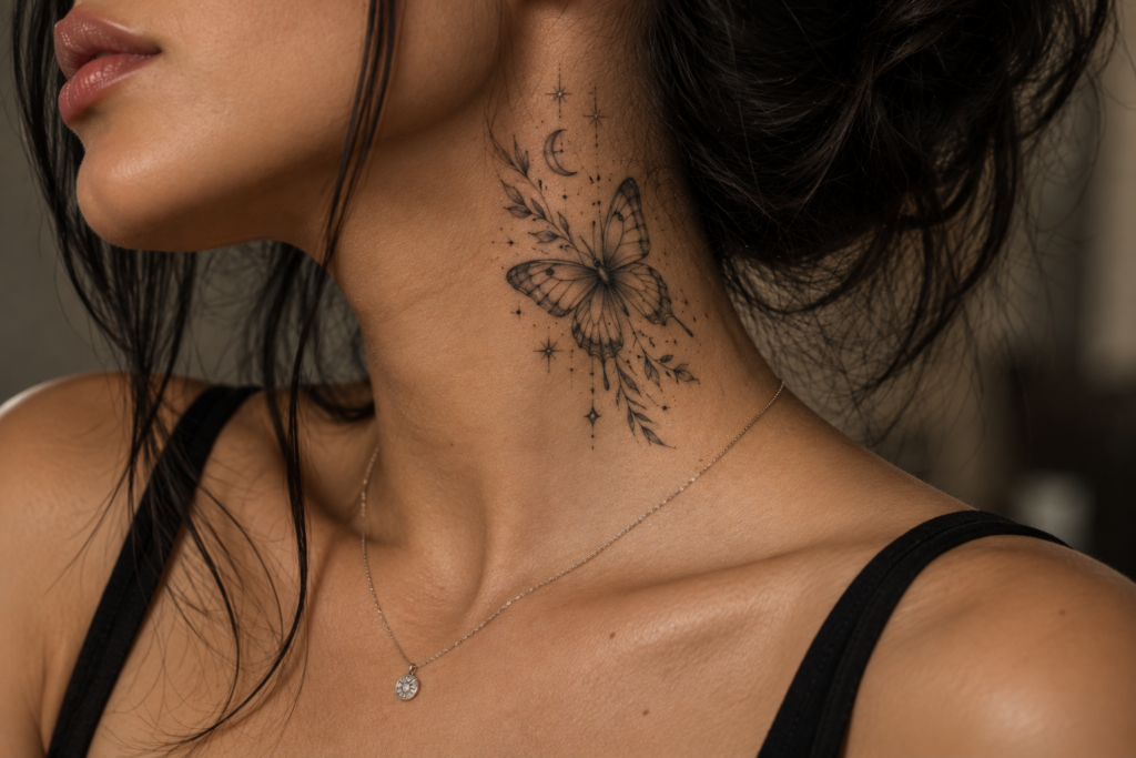 Butterfly moon and stars neck tattoo design