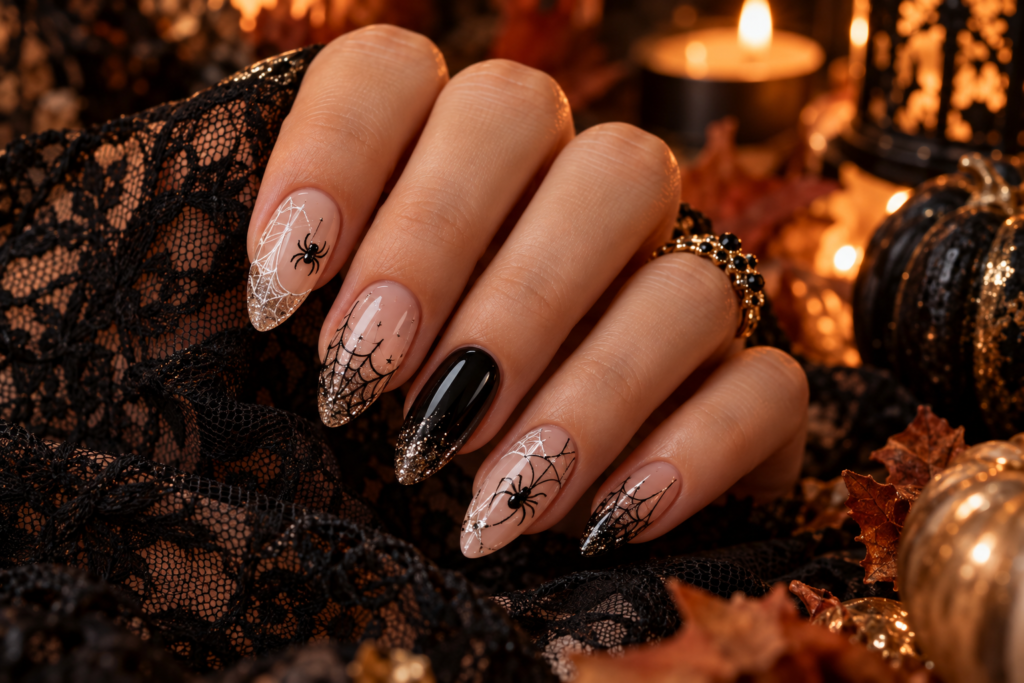 Halloween spiderweb nails with nude, black and white nail art