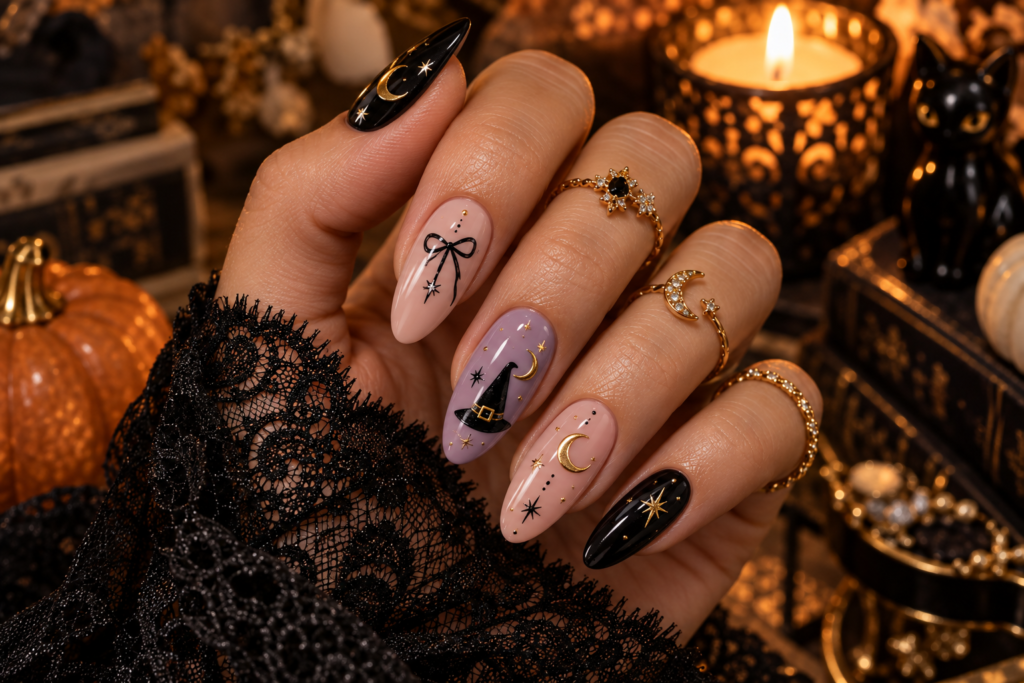 Elegant complete witchy Halloween manicure with lavender, blush, black and gold celestial nail art