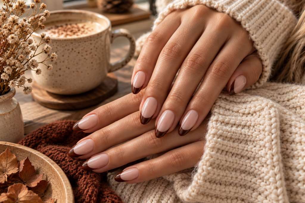 Chocolate brown French tip nails for September