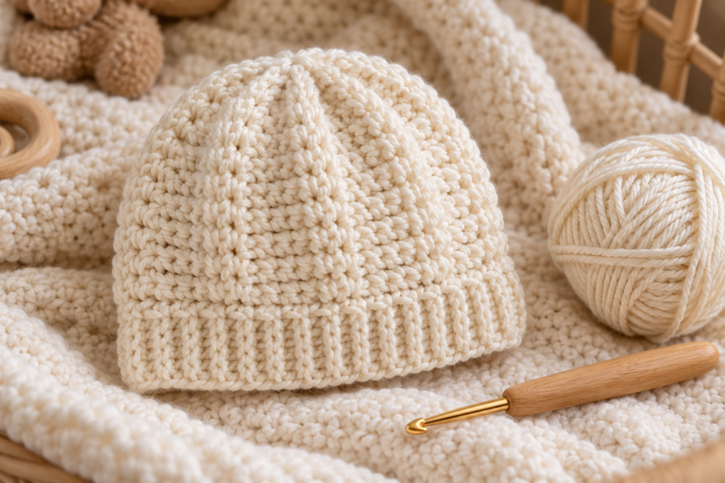 Cream crochet baby beanie with textured stitches and ribbed brim