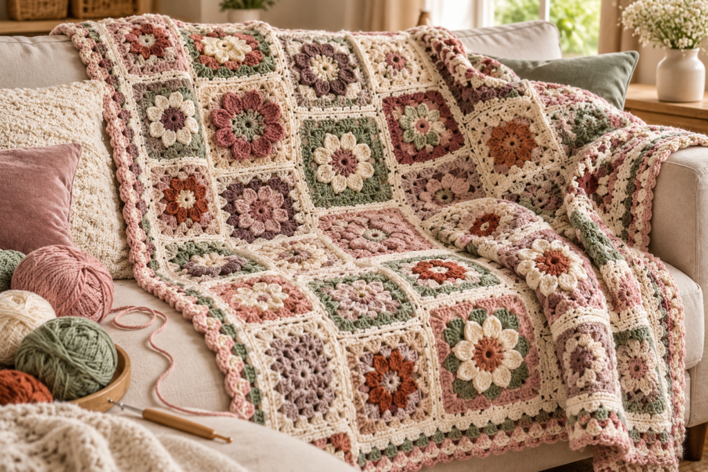 Handmade crochet blanket made with colorful floral and geometric motifs
