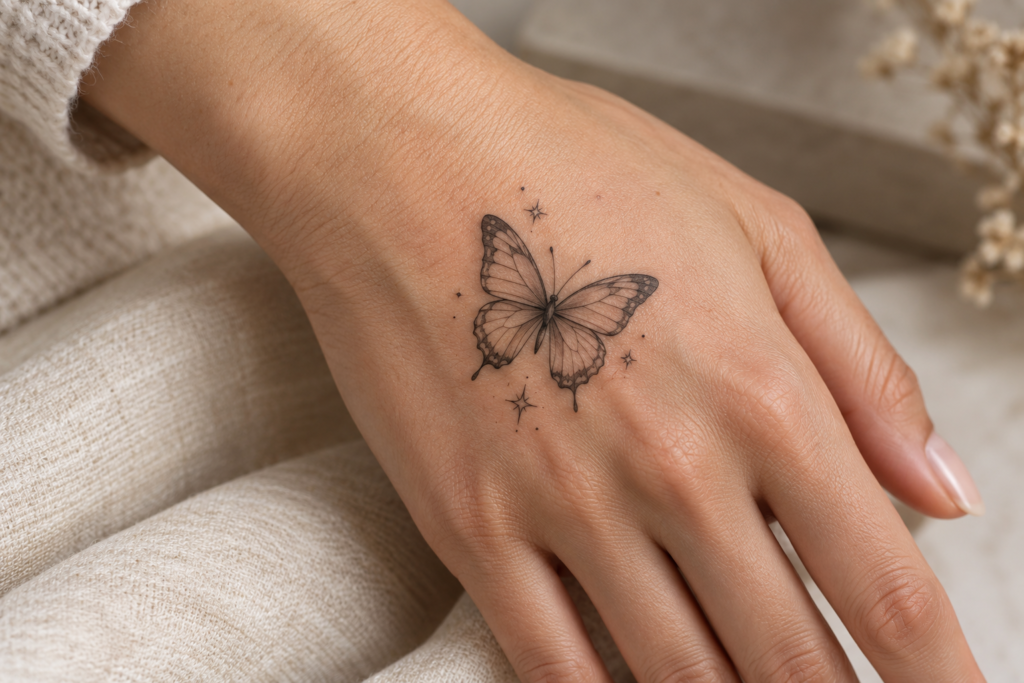 Delicate butterfly tattoo centered on the back of the hand