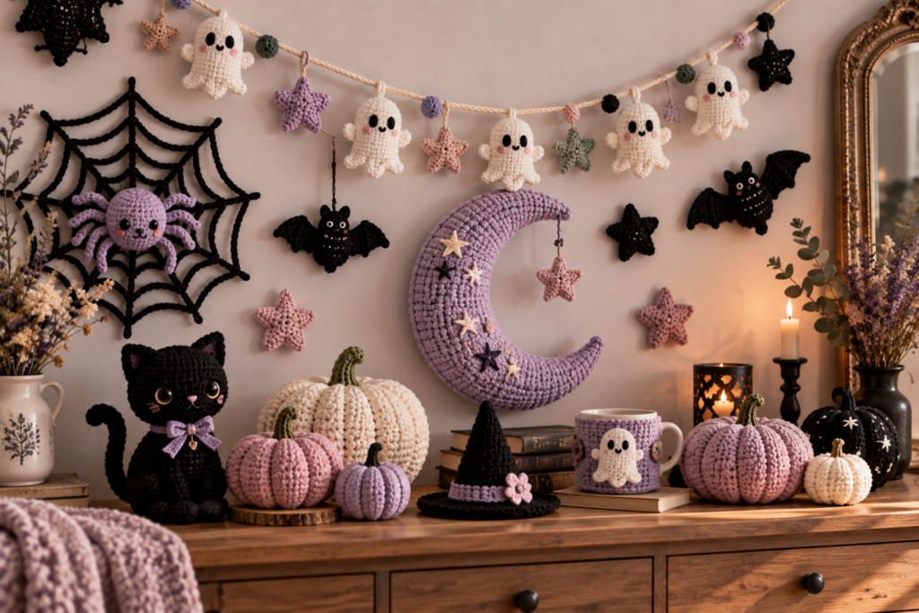 Complete pastel goth crochet Halloween decoration collection for a spooky room