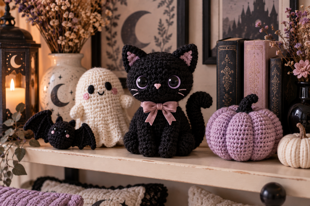 Cute black crochet cat plush with pastel Halloween decorations