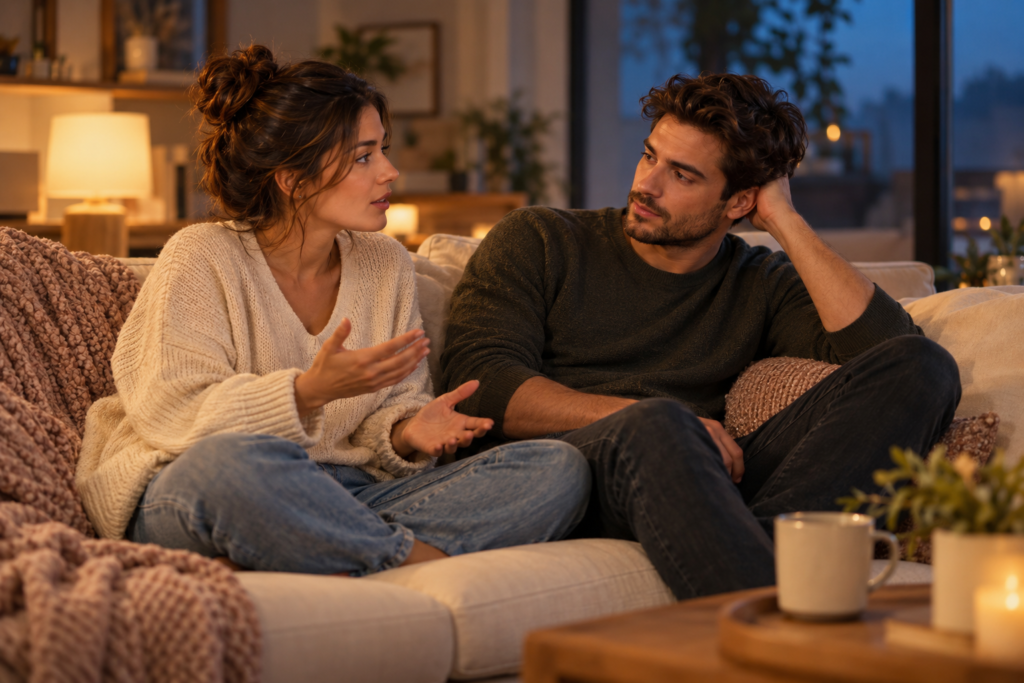 Emotionally mature couple calmly discussing their feelings