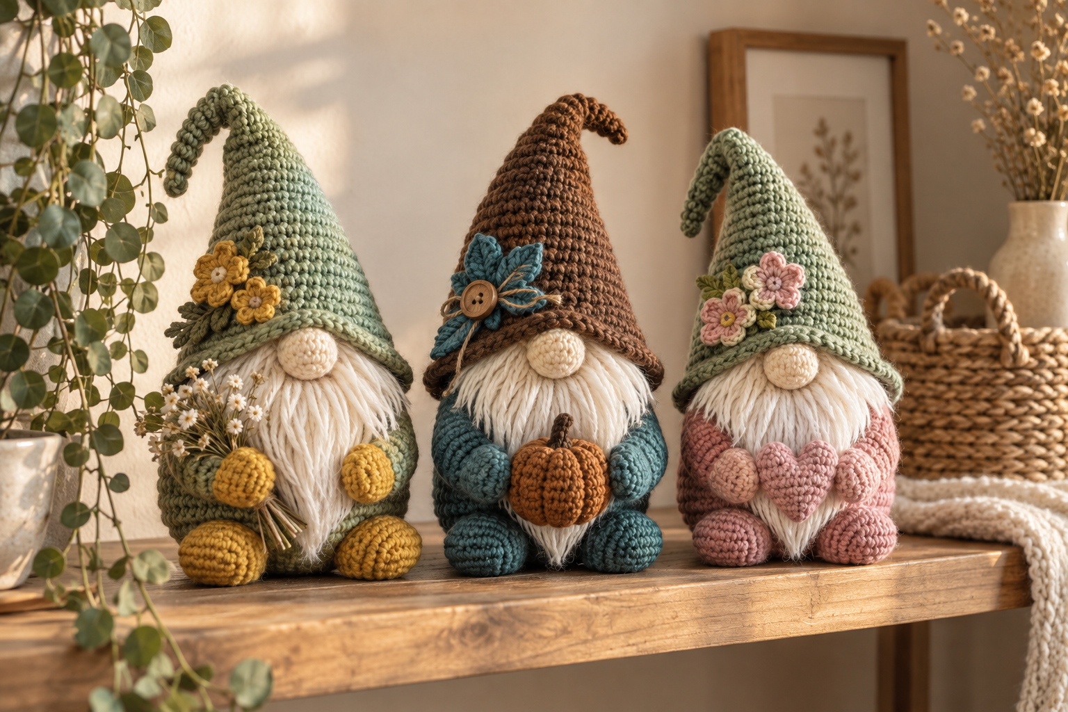 Three handmade crochet gnomes with pointed hats and fluffy yarn beards