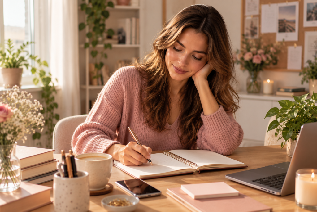 Woman writing down what she can control in a journal