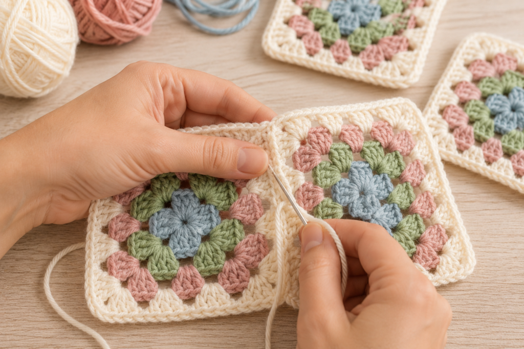 Joining crochet granny squares with a yarn needle