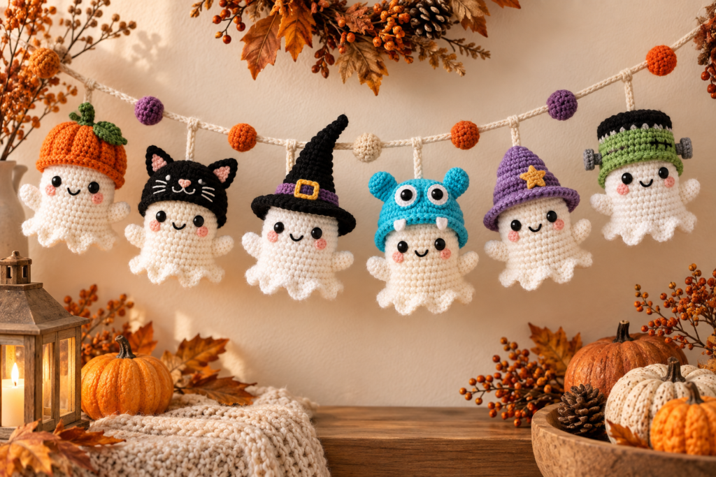 Cute handmade crochet ghosts arranged as Halloween decorations