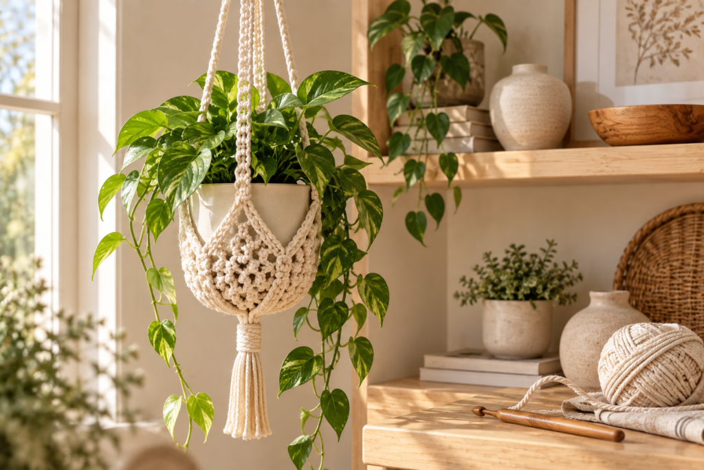 Handmade crochet plant hanger with small potted plant