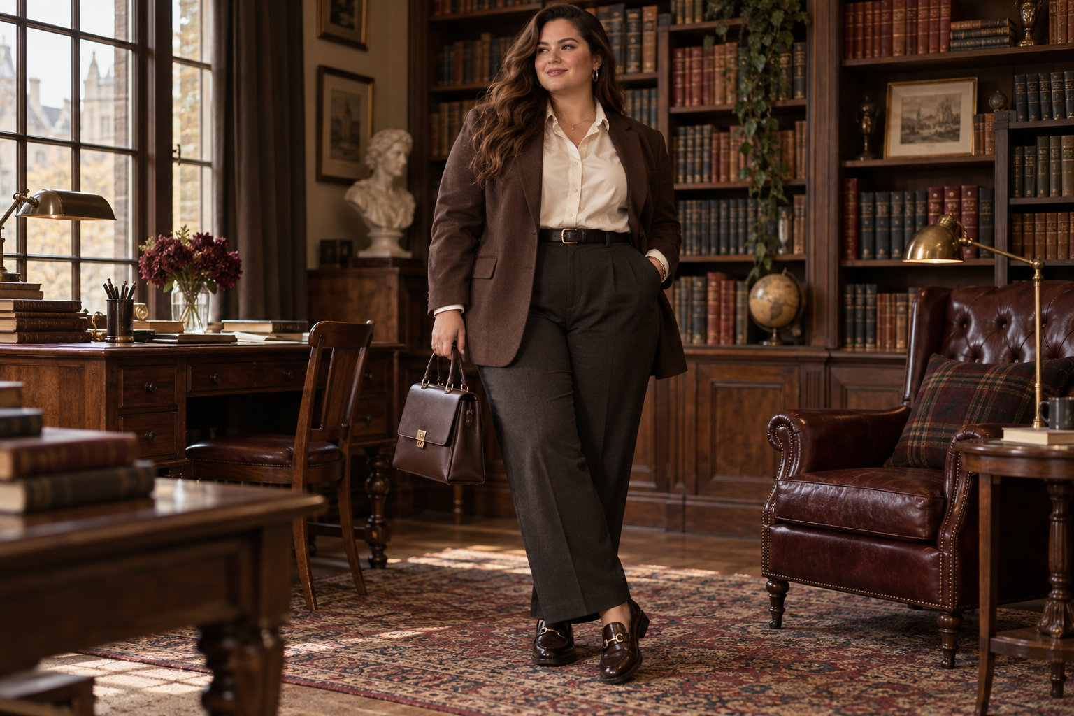 Plus size Dark Academia outfit with a blazer, trousers and classic accessories