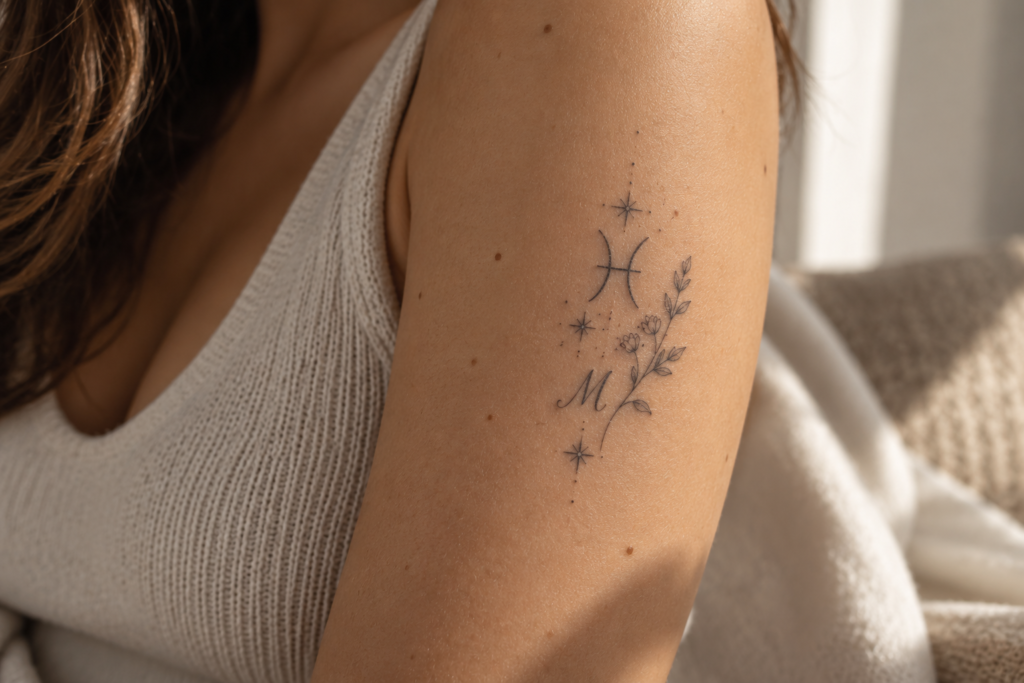 Personalized tiny zodiac tattoo combining a zodiac symbol, initial, stars and botanical details
