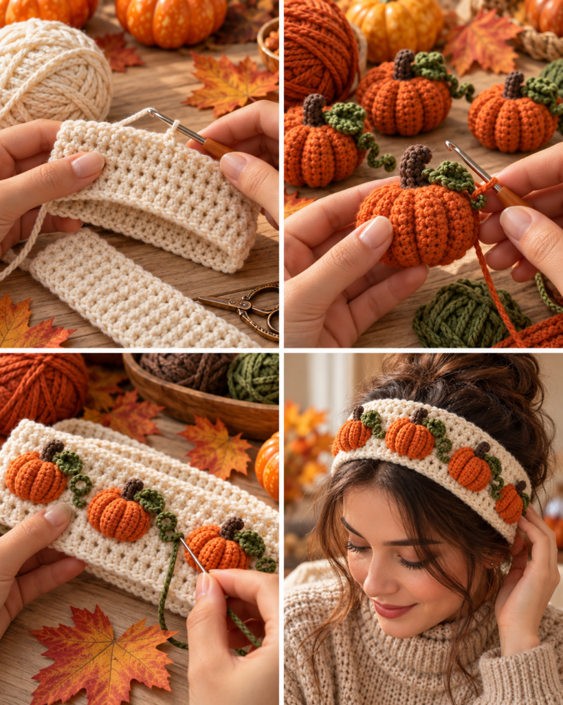 Step-by-step process for making a crochet pumpkin autumn headband.