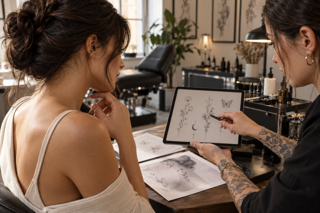 Woman discussing a delicate neck tattoo design with a tattoo artist