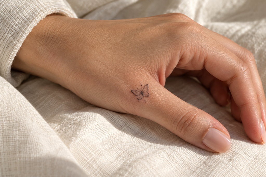 Small minimalist butterfly tattoo on the side of a woman's hand