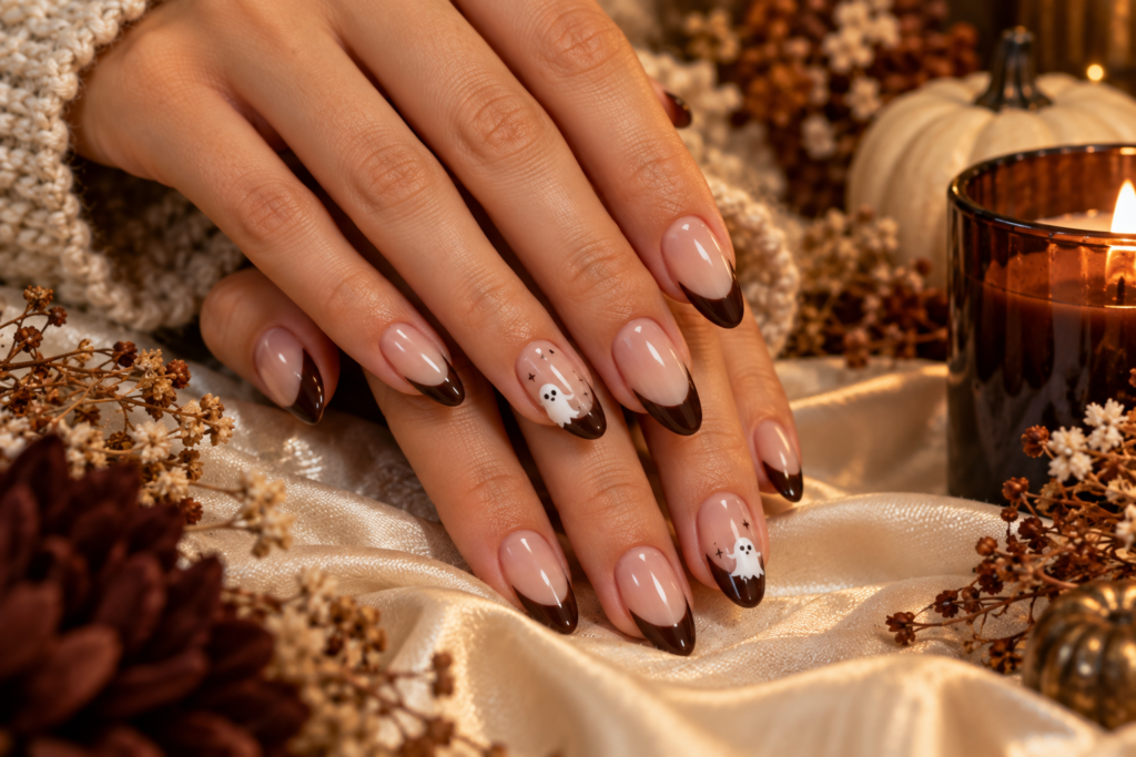 Chic chocolate brown French tip Halloween manicure with ghosts