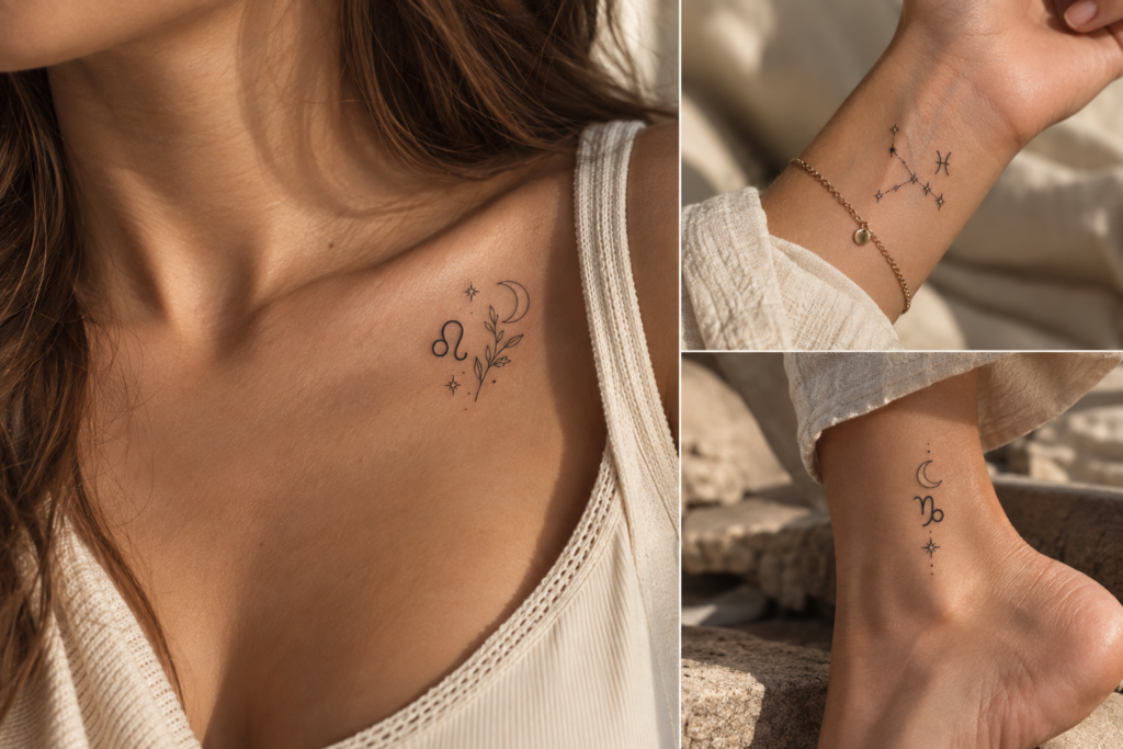 Elegant tiny zodiac tattoo designs with minimalist celestial and botanical details