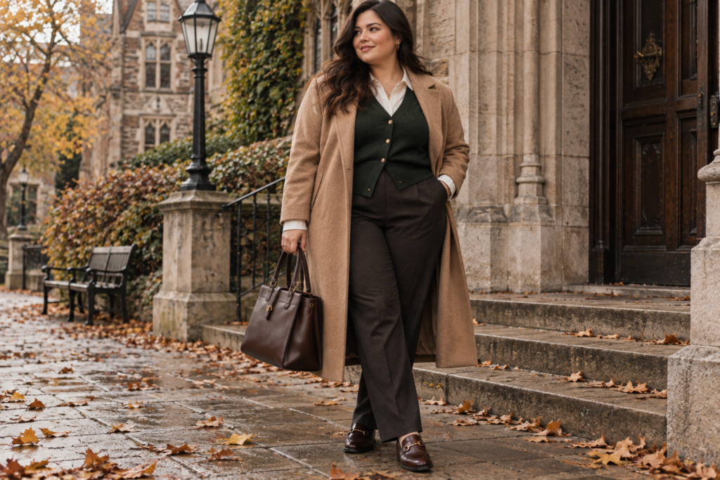 Casual plus size Dark Academia outfit with dark jeans and cardigan