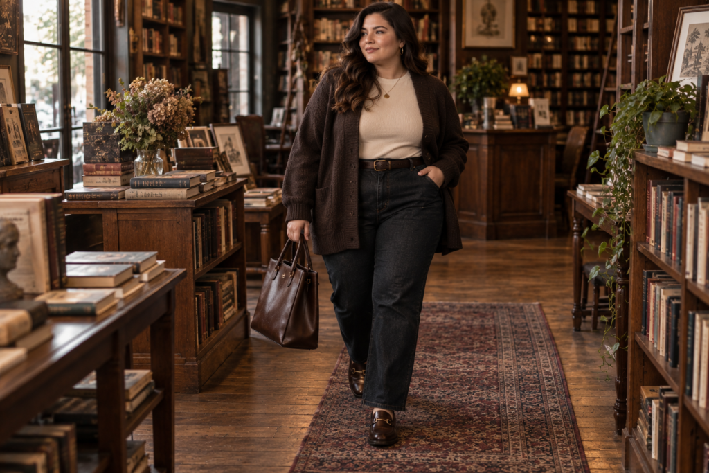 Plus size layered Dark Academia fall outfit with cardigan, shirt and long coat