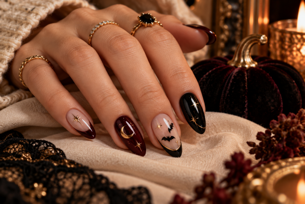 elegant minimalist Halloween nails with burgundy, black and gold details