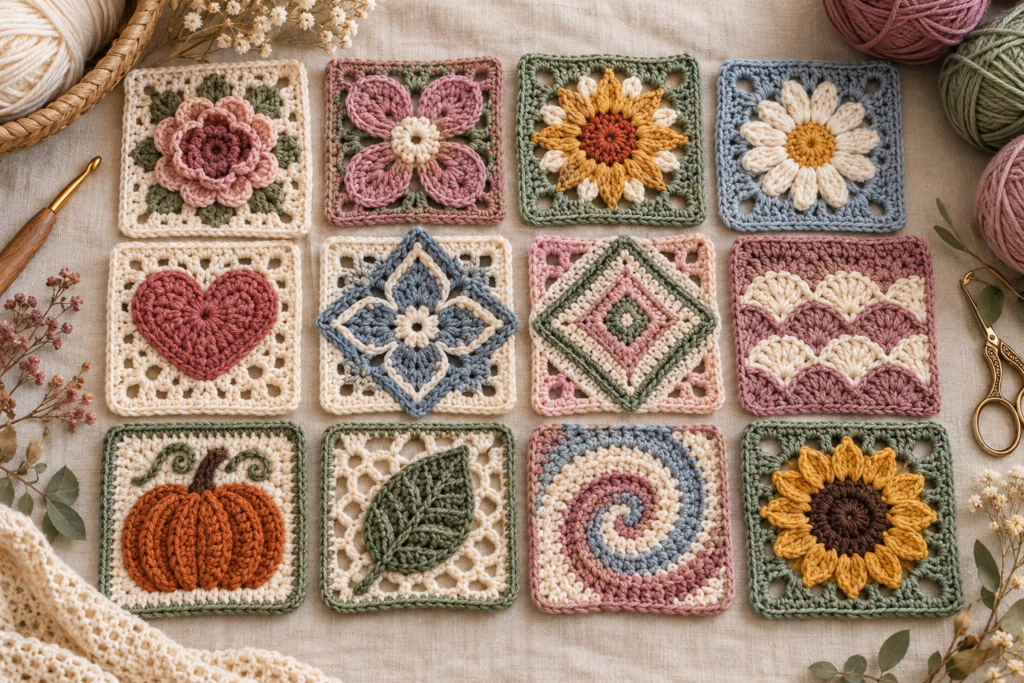 Collection of different crochet motif patterns including flowers hearts stars and granny squares