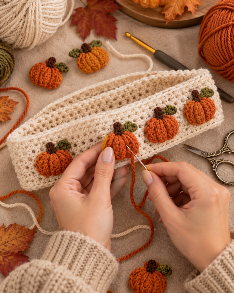 Sewing crochet pumpkin appliqués onto a handmade fall headband.