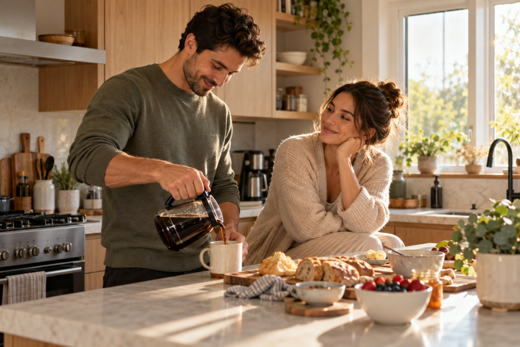 Man consistently showing care and attention to his partner during everyday life