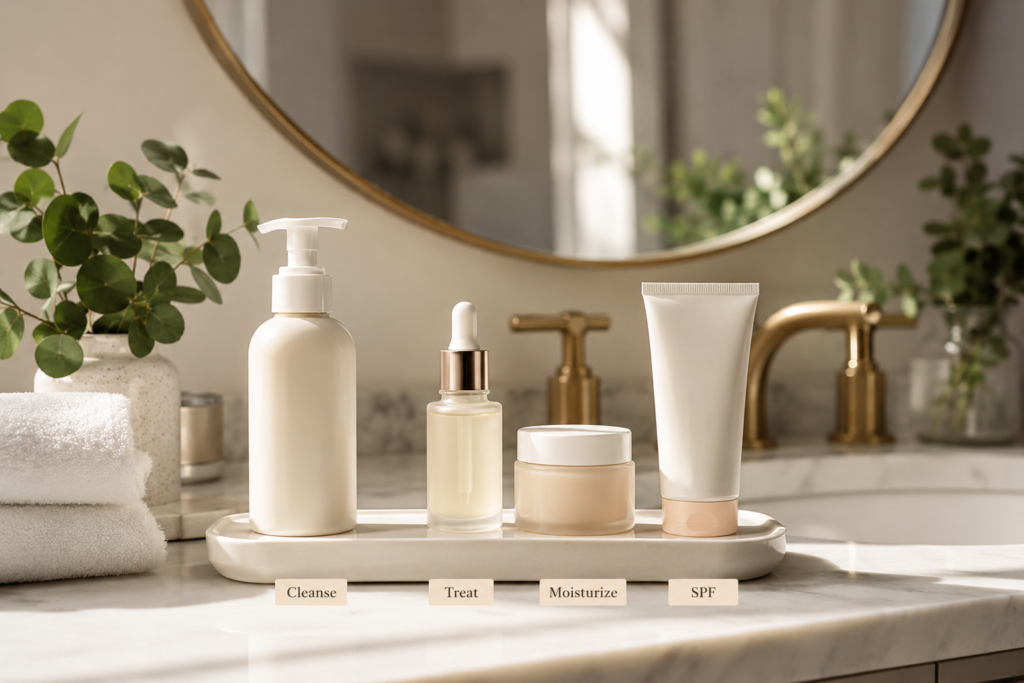 Simple morning skincare routine with cleanser serum moisturizer and sunscreen