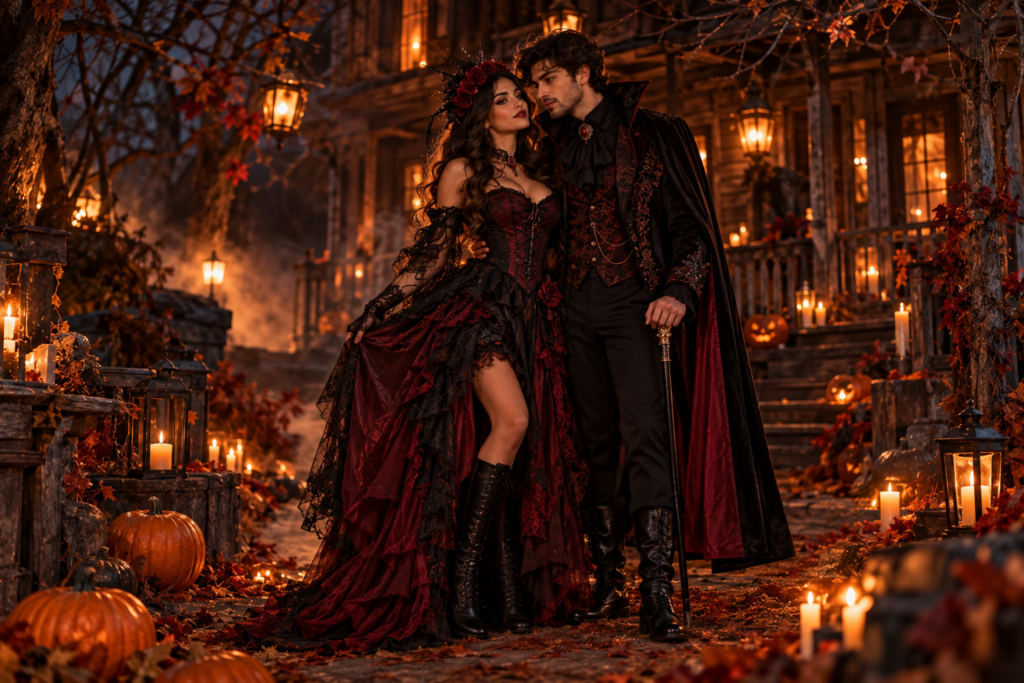 Spooky Halloween costume pairing for a couple in a dark autumn setting